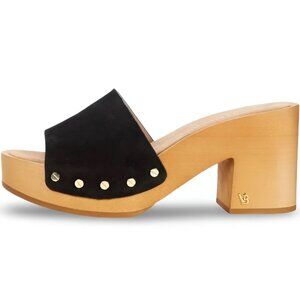 Veronica Beard Hannalee Suede Clogs Women 8 Black Wood Block Heel Platform Retro